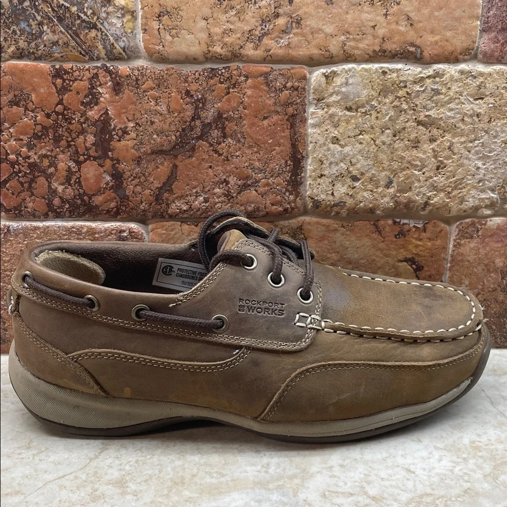 Rockport Shoes Size 9 M Brown Leather Lace Up Moc Toe Slip Resistant Works